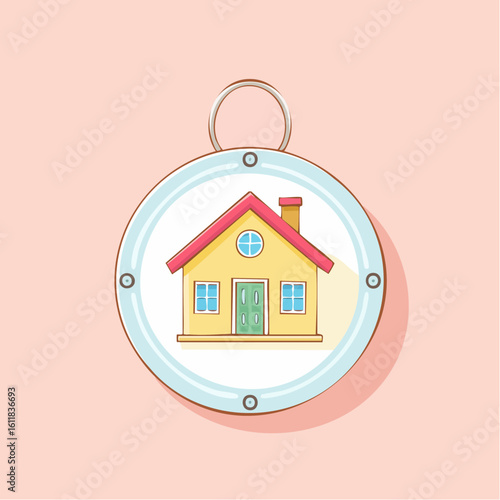 A charming cartoon keychain featuring a yellow house with a red roof encased in a circular metal frame.