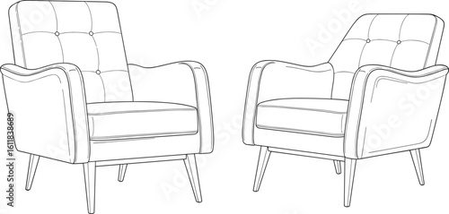 CAD drawing flat vector illustration of upholstered armchairs, furniture design sketch, lounge chair blueprint, modern seating layout, technical view