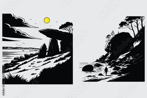 Giant boulders along coast   image silhouette design vector art and illustration