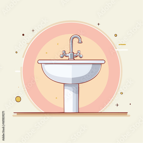 White ceramic pedestal sink with a classic silver faucet presented in a clean modern cartoon illustration style with bold outlines.