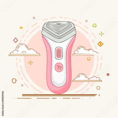 Stylish Pink and White Electric Epilator Illustration A cute cartoon-style personal grooming device with a grey foil head for smooth hair removal.