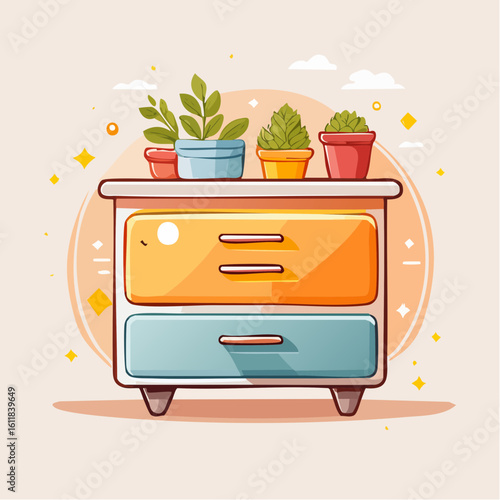 Charming cartoon nightstand with orange and white drawers topped with colorful potted houseplants.