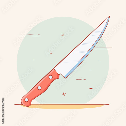 Illustrated chefs knife with a red riveted handle and a sharp shiny steel blade.