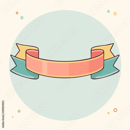 Curved cartoon ribbon banner in pastel pink teal and yellow A decorative outlined graphic element with forked tails for titles or text.