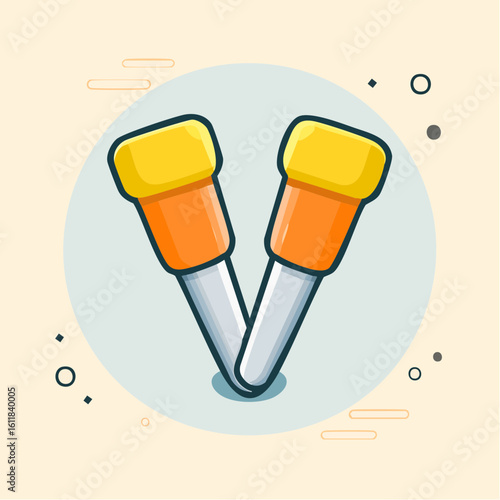 A pair of cartoon medical test tubes with yellow caps and orange labels crossed in a V-shape.