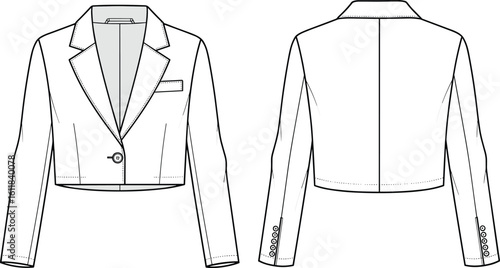 CAD drawing flat vector illustration of women's cropped blazer jacket, fashion technical sketch, formal wear design, coat mockup outline
