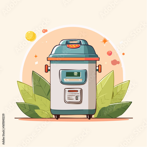 Cute cartoon electric rice cooker with a teal lid orange accents and digital display.