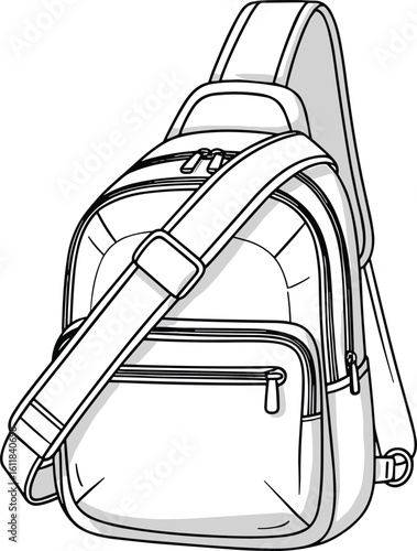 CAD drawing of modern travel duffle bag, flat vector style, double front pocket design, shoulder strap, fashion accessory outline art