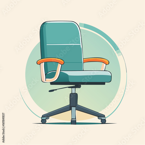 A modern teal office chair with orange armrests and a swivel base depicted in a clean stylized illustration.
