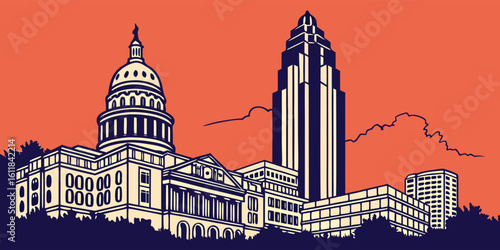 Austin skyline silhouette featuring The Austonian, Frost Bank Tower, and the Texas State Capitol. Captures the creative energy of the city in a sleek vector form