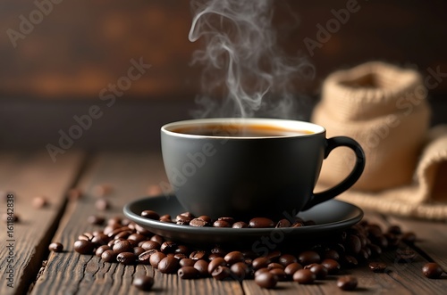 Hot Steaming Coffee Closeup with Roasted Beans Rustic Background ai generated