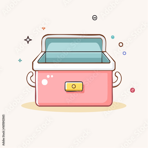 Cute pink cartoon cooler box with an open lid and white trim illustrated in a kawaii style.