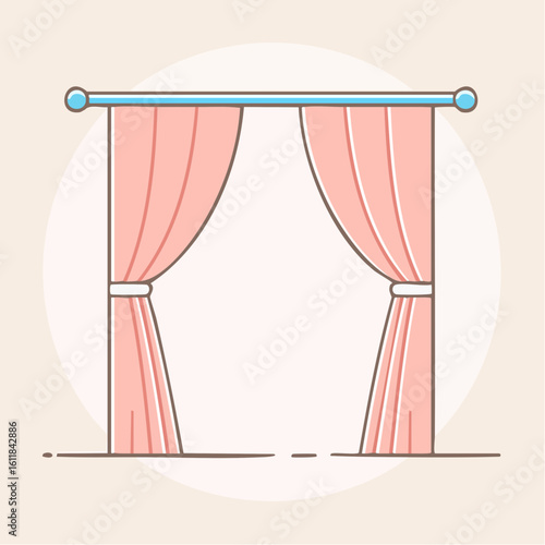 Elegant pink curtains with white tie-backs hanging on a blue curtain rod illustration.
