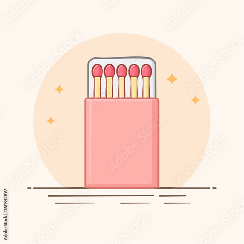 A cute cartoon illustration of an open pink matchbox filled with red-tipped wooden matches.