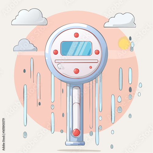 A cartoon futuristic weather station thermometer with a round head digital screen and a melting effect.