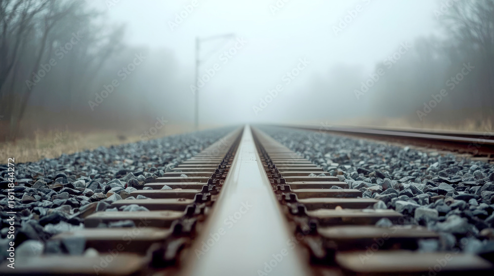 Fototapeta premium Single-track railway line in the morning mist. single set of railway tracks curving gently into the distance. The foreground is in sharp focus, showing the detailed ballast stones and steel rails