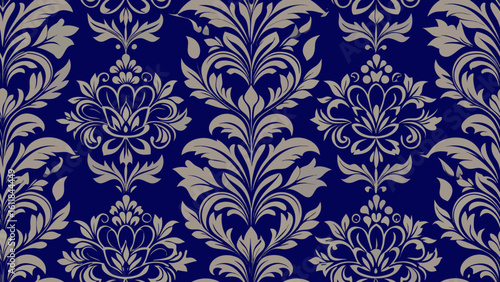 decorative floral seamless damask wallpaper pattern dark blue background for knitted fabric texture, fabric printing textile, birthday invitations cover, seamless pattern, seamless, foliage,
