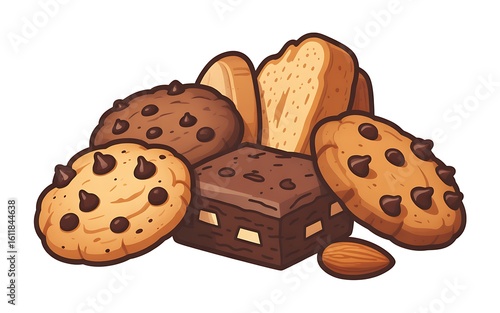 Delicious Assortment of Baked Treats a Tempting Display of Chocolate Chip Cookies Brownies and Loaves of Bread An Appetizing Culinary Still Life