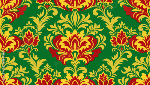 decorative floral seamless damask wallpaper pattern golden red green colors isolated backgrounds for knitted fabric textured, fabric printing,backgrounds, damask, ornate, textile, repetition, 