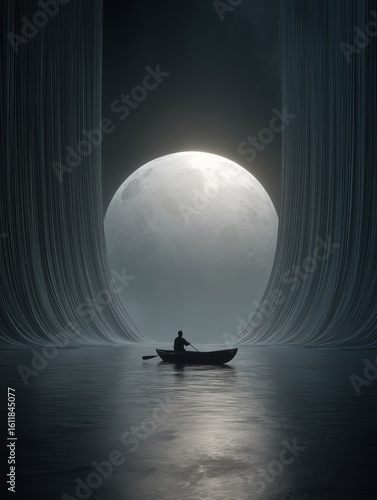 Surreal moonlit scene with lone rowboat framed by towering curtains – perfect for fantasy book covers, cinematic posters, or dream-inspired artwork