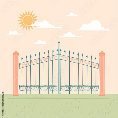 Closed Ornate Metal Gate with Spear-Tipped Bars and Two Stone Pillars.