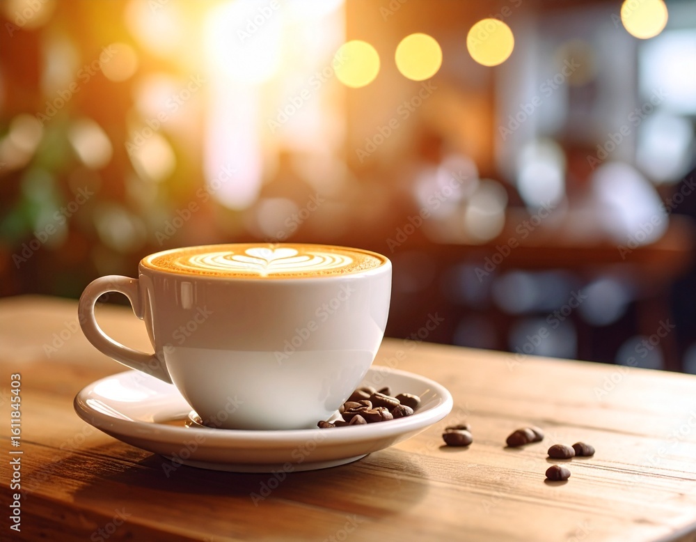 Obraz premium Firefly Cup Of Cappuccino With Latte Art On Cafe Table, Warm Light And Blurred Background, 4 432382