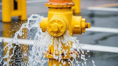 Yellow fire hydrant spraying water onto street with cascading splash and grainy effect