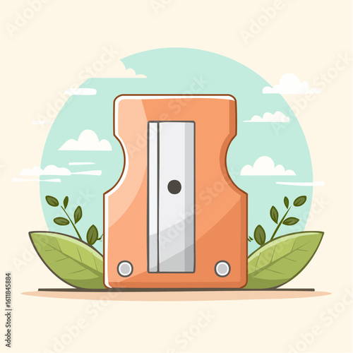 Cute orange pencil sharpener with a silver blade illustrated in a flat cartoon style.