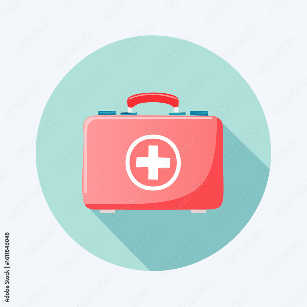 White and red medical first aid kit with a red cross symbol Features a red handle and blue latches depicted in a clean flat design illustration. White and red medical first aid kit with a red cross symbol Features a red handle and blue latches depicted in a clean flat design illustration.
