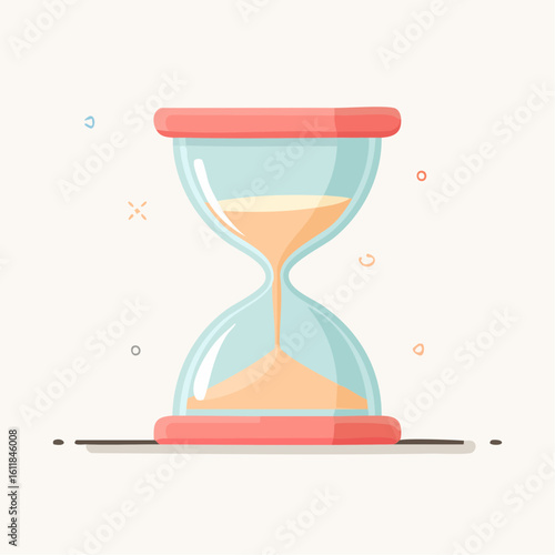 A vibrant cartoon hourglass with flowing orange sand featuring blue glass and coral-colored caps symbolizing the passage of time.