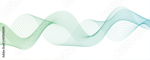 Minimalist abstract wave design consisting of smooth, flowing white and green  lines on a white background. with wave line with sense of motion and fluidity. Sound waves or light...