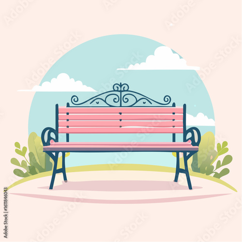Classic pink park bench with an ornate dark blue wrought iron frame and scrollwork.