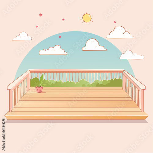 Illustrated wooden deck with pastel pink railings mint balusters and a potted plant.