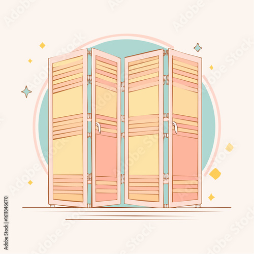Pastel four-panel folding screen with louvered slats in a cute illustrated style.