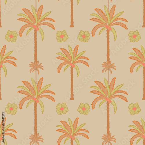 Tropical seamless pattern with hand drawn palm trees. Hawaiian florals summer background