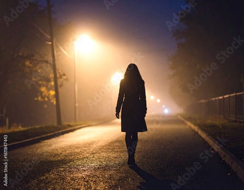 Silhouette woman walking down foggy road at night