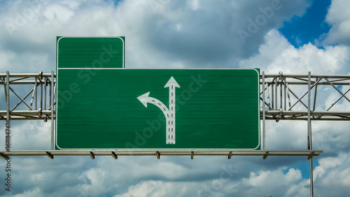 a blank highway sign with space for copy. arrows indicating choices ahead. abstract concept of journey or planning. banner or design element
