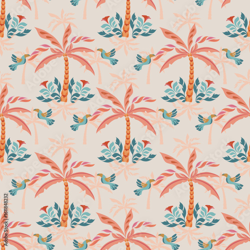 Tropical seamless pattern with hand drawn palm trees. Hawaiian florals summer background