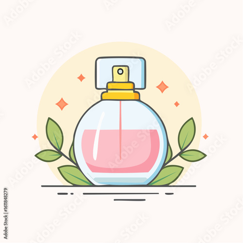 Chic cartoon perfume bottle with pink liquid a gold atomizer and decorative green leaves.