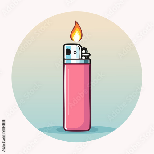 Stylized cartoon illustration of a lit pink plastic lighter with a bright yellow and orange flame.