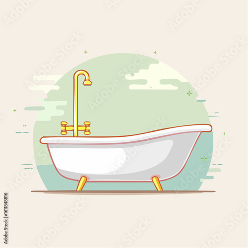 Classic white clawfoot bathtub illustration with a golden gooseneck faucet and feet.