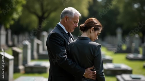 Mourning family at cemetery offers comfort during grief. Mourning family experiences sorrowful emotion, offering support and sharing their painful loss at graveside.