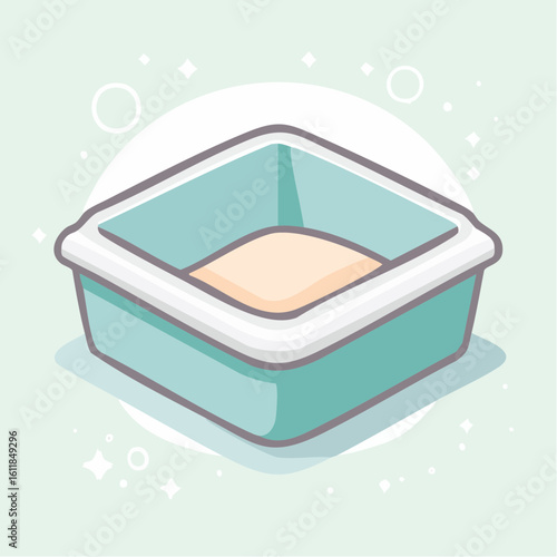 A clean teal plastic cat litter box with a white rim and fresh sand depicted in a cute cartoon style.