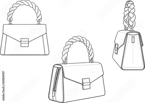 Elegant handbag CAD drawing, flat vector illustration, luxury purse design sketch, fashion accessory technical template, isolated detailed outline view