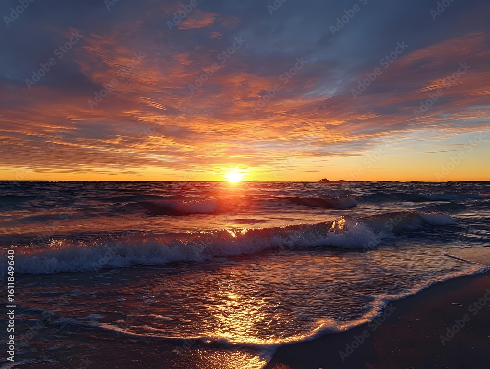 Fototapeta premium Fiery Sunset Serenade Where the Sky Kisses the Sea, a Dance of Golden Hues and Gentle Ocean Waves