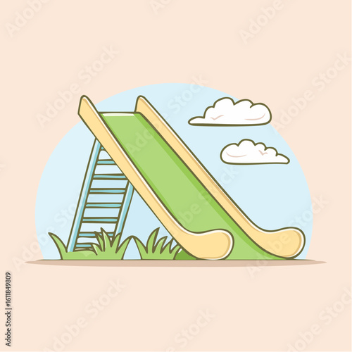 Cute cartoon playground slide with a green chute yellow frame and blue ladder set on a grassy patch.