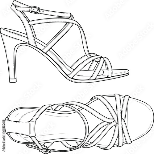 Elegant high heel sandal CAD drawing, fashion footwear sketch, strappy stiletto outline, vector technical illustration for design and production