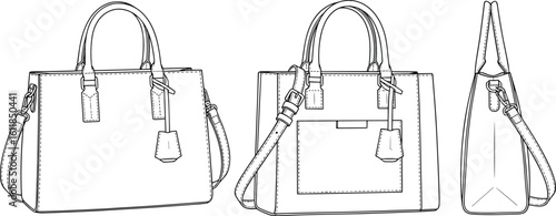 Elegant handbag CAD illustration, front back side view, fashion accessory technical sketch, tote bag design, vector template for designers