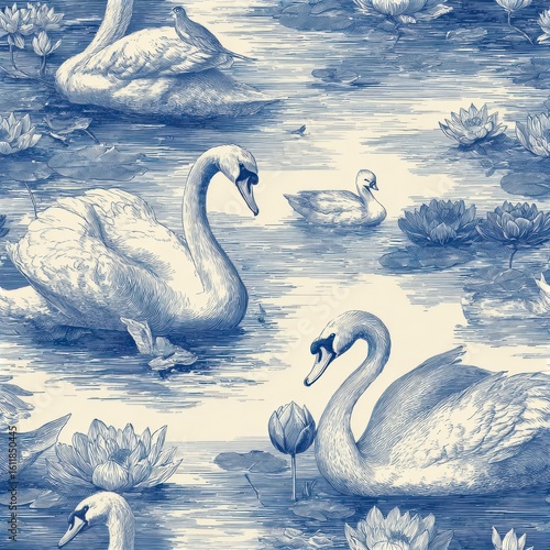 Fototapeta Naklejka Na Ścianę i Meble -  Blue and Cream Swans on Calm Water Detailed Nature Illustration