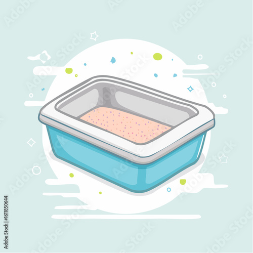 Illustrated blue cat litter box with a white rim filled with pink granulated sand.